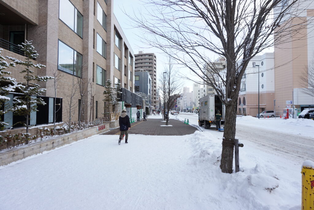 札幌市區冬天雪景，行人穿著羽絨外套與雪靴，街道積雪潔白，部分人行道有地暖沒有積雪