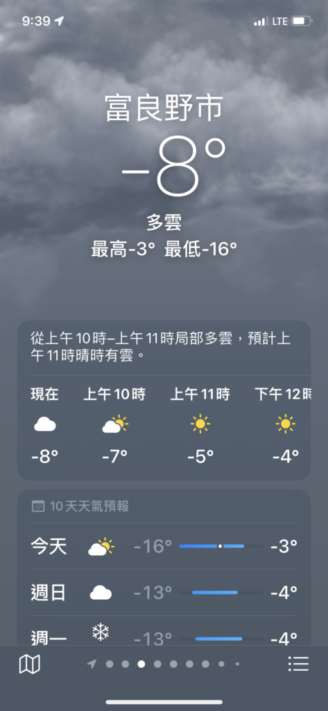 北海道富良野12月中當天實際氣溫
