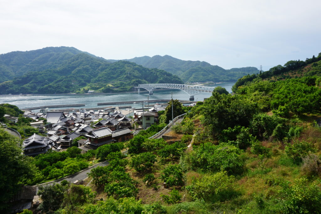 廣島自駕瀨戶內海跨海白色拱橋與山坡柑橘園聚落